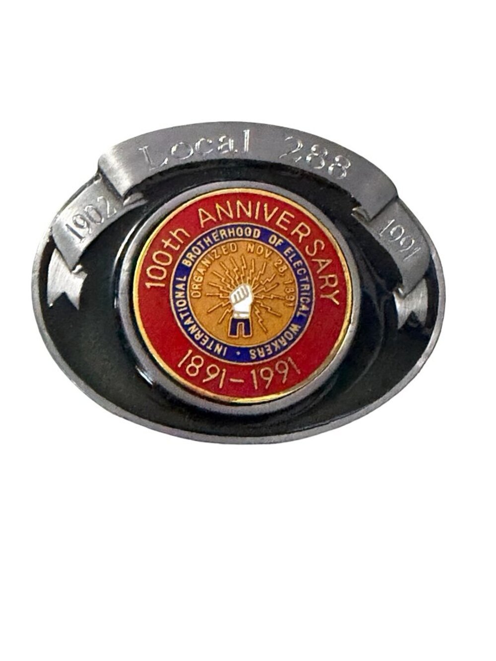 1991 IBEW Local 288 100th Anniversary Belt Buckle Hard Hat Buckles Made USA